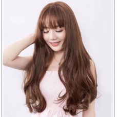Mueehoo Long Brown Wig with Bangs Orange Brown Curly Wigs for Women