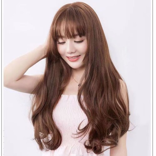 Mueehoo Long Brown Wig with Bangs Orange Brown Curly Wigs for Women Mueehoo Long Brown Wig with Bangs Orange Brown Curly Wigs for Women